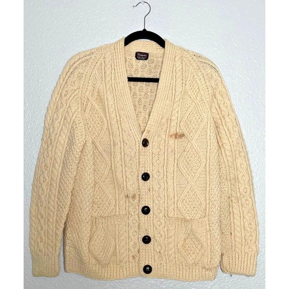 Trampeter Other - VTG Trumpeter Fisherman's Cardigan Sweater Cream Chunky Knit Ireland Stained 44"